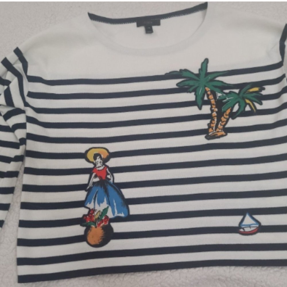 J Crew Striped Cotton Sweater with Cabana Patches White Navy Sz Xs